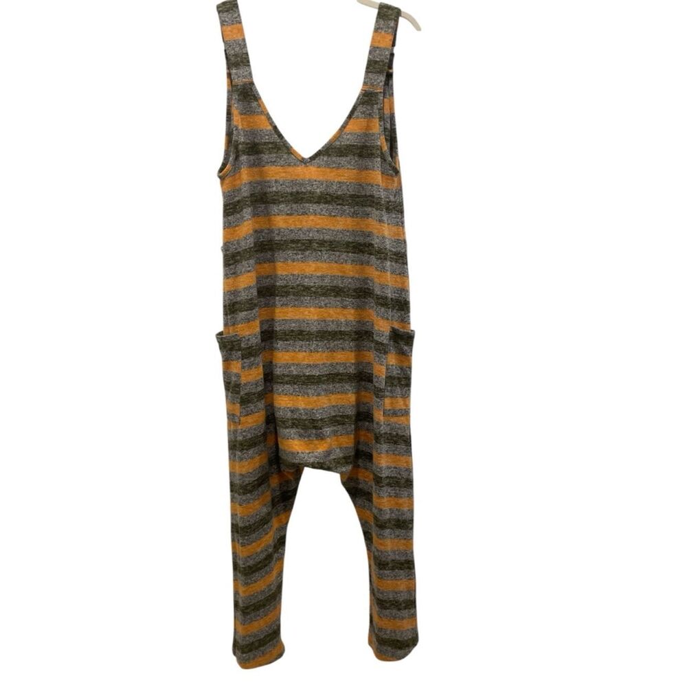 Free People Striped V-Neck Relaxed Jumpsuit in Gray and Mustard size S